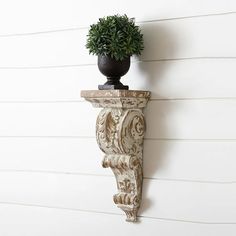 a potted plant on top of a shelf next to a white wall and wooden paneling