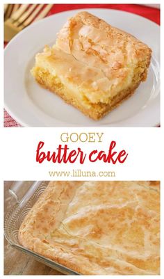 gooey butter cake on a plate with the words gooey butter cake above it