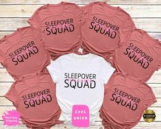 Personalized Sleepover Squad Shirt, Hoodie, Long Sleeve, Gift, Custom Name Sleepover Party, Birthday, Slumber Party  DESCRIPTION  * Backside design is an additional fee, please make sure to add the fee to your purchase.  * If you want to add or change anything on the existing design that we show in the display picture, please contact the seller from the message box to ask if the changes and additional requests can be done or not, if you do not ask and request for it without asking in the order we will ship the item as it is without the requests done. * Please check the color charts for the size and type of the shirt you want, not every color is available for each type of shirt, drop-down comes automatically with every color but they are not available for each item so please make sure to ch Sleepover Shirts Ideas, Cute Sleepover Outfits, Birthday Slumber Party, Sleepover Squad, Sleepover Outfit, Sleepover Birthday Parties, Matching Pjs, Custom Design Shirts, Squad Shirt