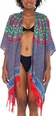 SHU - SHI Kimono Cardigans for Women - Short Beach Robe Boho Fringe Peacock Mandala - Love ShuShi Blue Open Front Swimwear For Beach, Hawaiian Style Cover-up For Beach Festivals, Blue V-neck Swimwear For Festival, Kimono Sleeves Swimwear For Beach Season, Kimono Sleeve Swimwear For Poolside And Beach Season, Green Open Front Beachwear Cover-up, Blue Open Front Cover-up For Vacation, Red Short Sleeve Swimwear, Red Short Sleeve Swimwear For Beach