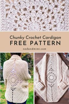 the chunk crochet cardigan is shown in three different pictures