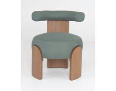 a wooden chair with a green seat cushion