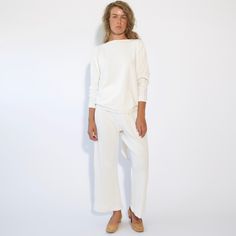 HDH Basics Ivory Everything Top 1 Versatile White Blouse For Fall, Versatile White Fall Blouse, Chic White Stretch Long Sleeve Top, White Stretch Chic Long Sleeve Top, Chic Long Sleeve Sweatshirt For Fall, Chic Fitted Long Sleeve Top For Loungewear, Versatile Long Sleeve Top For Spring Loungewear, Versatile Long Sleeve Top For Lounging In Spring, Versatile White Tops For Fall