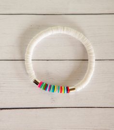 Everyday White Polymer Clay Bracelets, White Adjustable Stretch Bracelet In Polymer Clay, Adjustable White Polymer Clay Stretch Bracelet, Adjustable White Polymer Clay Bracelet, Color Bracelets, Bracelet Layering, Bracelet Rainbow, Disc Bracelet, Gold Disc