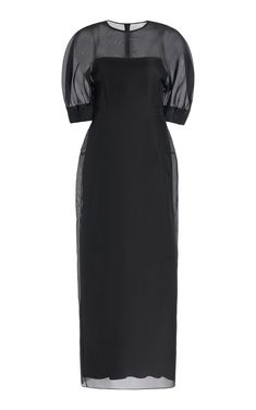 Coretta Sheer Dress with Slip in Black Silk Organza Luxury Dresses With Sheer Sleeves And Fitted Bodice, Elegant Fitted Organza Midi Dress, Organza Midi Dress With Sheer Sleeves, Fitted Organza Midi Dress For Formal Occasions, Formal Fitted Organza Midi Dress, Organza Midi Dress With Sheer Bodice For Evening, Fitted Organza Midi Dress For Evening, Formal Sheer Organza Midi Dress, Formal Organza Midi Dress With Sheer Sleeves