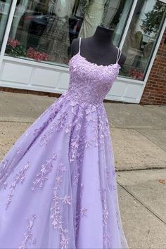 A Line Lavender Lace Appliqued Long Prom Dress Lavender Dresses For Prom Season, Lavender Dress For Wedding And Prom Season, Purple Dresses For Banquet And Prom Season, Elegant Lavender Ball Gown Dress, Lavender Fitted Gown For Prom Season, Lavender Fitted Gown For Prom, Lavender Formal Dress For Prom Season, Spring Purple Maxi Dress For Banquet, Lavender Floor-length Wedding Dress