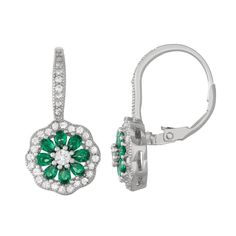 Feminine style abounds with these captivating lab-created green spinel and cubic zirconia earrings.EARRING DETAILS Length: .47 in. Closures: leverback Metal: sterling silver Plating: rhodium Packaging: boxed STONE DETAILS Stone type: lab-created green spinel Total weight: 1 9/10 ct. Shape: pear Setting: prong CUBIC ZIRCONIA DETAILS Total weight: 1 1/3 ct. Shape: round Setting: prong Gemstones may have been treated to enhance their appearance. Special care may be required. Size: One Size. Gender: Green Cubic Zirconia Diamond Drop Earrings, Green Diamond Drop Earrings With Accents, Green Diamond Accented Drop Earrings, Green Diamond Accent Drop Earrings, Green Diamond Drop Earrings With Prong Setting, Green Drop Earrings With Diamond Accents, Elegant Green Round Flower Earrings, Elegant Green Flower Shaped Jewelry, Elegant Green Flower-shaped Jewelry