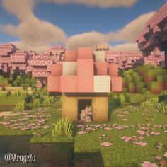 Mc Path Designs, Mc Builds Cute, Minecraft House Foundation, Cute Minecraft Builds House, Pretty Pink Minecraft Houses, Cherry Blossom Village Minecraft Ideas, Minecraft Cherry Village Ideas, Cute Builds For Minecraft, Pink Mushroom House Minecraft