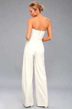 Chic White Jumpsuit - Strapless Jumpsuit - Bridal Jumpsuit Stretch Strapless Elastane Jumpsuit For Night Out, Stretch Elastane Strapless Jumpsuit For Night Out, Night Out Fitted Strapless Elastane Jumpsuit, Fitted Strapless Elastane Jumpsuit For Night Out, Chic Fitted Jumpsuit With Back Zipper, Stretch Strapless Jumpsuit In Solid Color, Elegant Stretch Strapless Jumpsuit With Backless Design, Elegant Stretch Strapless Backless Jumpsuit, Elegant High-waisted Stretch Strapless Jumpsuit