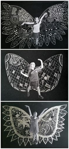 three different images of the same person with their arms in the air and wings spread out