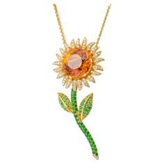 "Costis" Sunflower Necklace, a Central 17.74 carats Citrine Madeira, Tsavorites and Diamonds Haute Joaillerie at its best! The stem is paved with tsavorites, while the petals have such a wonderful movement. Paved at the front and back. The flower was modeled first in wax in such a way, that the piece seems like moving, it has an internal flow... it seems alive. 18K Yellow Gold, completely Handmade with 17.74 carats central Madeira Citrine, 1.00 carats of excellent Diamonds. Paved with 4.92 carat Sunflower Necklace, Yellow Gold Chain, Everyday Items, Drop Necklace, Beautiful Things, Gold Chain, Citrine, Sunflower, Art Pieces