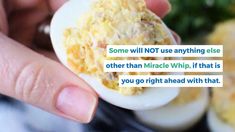 someone is holding an open deviled egg with the words, some will not use anything else other than michael whip it that is you go right ahead with that