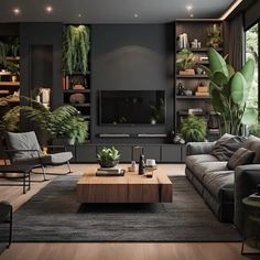 a living room filled with lots of furniture and plants on the wall next to a flat screen tv