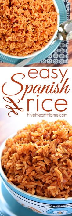 an easy spanish rice recipe in a blue bowl with the title overlay above it