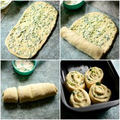 four different views of food being made in pans, including rolls and breadsticks