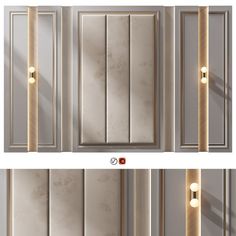 three different angles of the door with light bulbs on each side and an open one in the middle