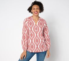 Give your wardrobe a well-deserved refresh with this lively floral ikat blouse (complete with billowy blouson sleeves that we absolutely love). From Belle by Kim Gravel. Patterned Ikat Print Long Sleeve Tops, Spring Long Sleeve Ikat Print Tops, Spring Ikat Print Long Sleeve Tops, Casual Ikat Print Tops For Spring, Ikat Blouse, Kim Gravel, Blouson Sleeve, Modern Wardrobe, Terra Cotta