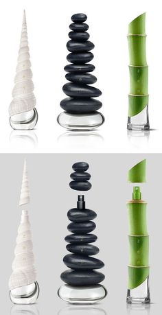 four different types of vases made out of rocks and bamboo sticks, each with a green leaf on top