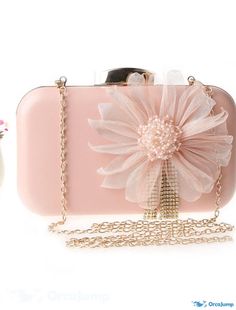 OrcaJump - Womens Polyester Evening Bag with Solid Color Flower and Chain in Green, White, Pink, and Gold Pink Clutch With Chain Strap As Gift, Pink Clutch With Chain Strap For Gift, Pink Flower-shaped Party Bag, Elegant Spring Bags With Chain Detail, Color Flower, Evening Bags, Pink And Gold, Shoe Bag, Solid Color