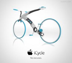 an image of a bicycle with wheels on it's back and the words icycle written in blue