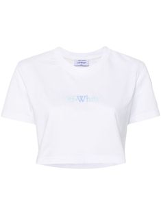 optical white cotton stretch-jersey ribbed crew neck short sleeves logo print to the front signature Arrows motif to the rear straight hem White Cotton Crew Neck Cropped T-shirt, White Graphic Print Crew Neck Cropped T-shirt, White Graphic Print Cropped T-shirt With Crew Neck, White Cropped T-shirt With Graphic Print, Modern Logo Tops For Summer, Modern Summer Tops With Logo, White Signature Print Top For Streetwear, White Cropped T-shirt With Graphic Print Short Sleeve, White Short Sleeve Cropped T-shirt With Graphic Print