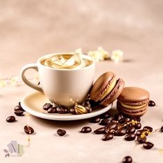 a cup of coffee and two macaroons on a saucer surrounded by coffee beans