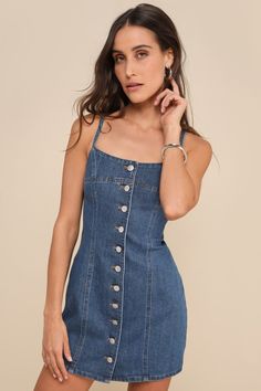 Admirable Status Medium Wash Denim Button-Front Mini Dress Jean Dress Outfits, Jean Dress Outfit, Jeans Dress Outfit, Denim Dress Style, Blue Jean Dress, Mini Dress Outfits, Cute Clothing, Lulus Dresses, Jean Dress