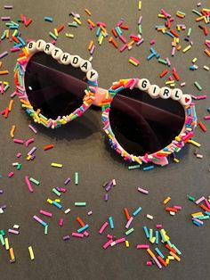 Custom birthday girl sunglasses with extra sprinkles. Can personalize with a name. Painted Sunglasses, Sunglasses Party Favor, Girl Sunglasses, Beaded Sunglasses, Custom Sunglasses, Red Sunglasses, Girl With Sunglasses, Cross Paintings, Girls With Glasses