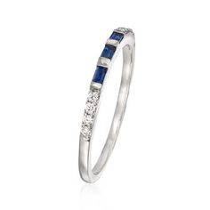 Ross-Simons - .10ct t. w. Sapphire Ring, Diamond Accents in 14kt White Gold. Size 7. Let's hear it for the band! Stacked or separate, versatile bands are a go-to favorite and this sapphire and diamond beauty is a standout. Featuring .10 ct. t. w. sapphire baguettes stationed between 14kt white gold bars and lit all around by sparkling diamond accents. 1/16" wide. Sapphire ring. Sapphire birthstones are the perfect gift for September birthdays. 14k White Gold Half Eternity Jewelry, Adjustable Stackable Rings With Diamond Accents, White Gold Platinum Jewelry With Channel Set, White Gold Channel Set Platinum Jewelry, Platinum White Gold Jewelry With Channel Set, Platinum White Gold Channel Set Jewelry, Sterling Silver Stackable Half Eternity Rings, Timeless Sterling Silver Channel Set Jewelry, Timeless Channel Set Sterling Silver Jewelry