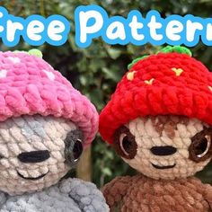 two crocheted stuffed animals wearing knitted hats with the words free pattern above them