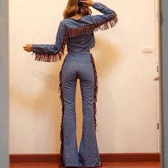 Rock And Roll Jeans, 70s Denim, Fringe Shirt, Womens Costumes, 70s Inspired Fashion, Looks Country, 70s Outfits, Denim Crop Top, Boho Pants