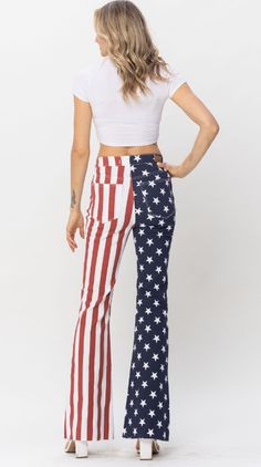 Whatever being an American Beauty means to you, if these American Flag Flare pants fits your bill, then by all means wear it! Flare has a raw hem so you can cut the length to your preference! FRONT RISE:10 3/4"INSEAM:33" Fabric: 93% Cotton / 6% Poly / 1% Spandex Ashley wears a 5. American Flag Pants, Printed Flare Pants, American Flag Print, American Beauty, Flare Pants, Workout Pants, Online Purchase, American Flag, Flag