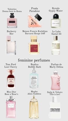 different perfumes that are labeled in the same language and colors, with names on them