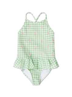 green/white/pink stretch-design gingham check print round neck sleeveless crossover shoulder straps ruffled detailing pull-on style Be mindful to try on swimwear over your own garments. Playful Ruffled Swimwear For Summer, Casual Sleeveless Ruffled Swimwear, Playful Green Fitted Swimwear, Plaid Summer Swimwear, Fitted Gingham Sleeveless Swimwear, Plaid Swimwear For Summer Pool Time, Fitted Sleeveless Gingham Swimwear, Fitted Cotton Playful Swimwear, Playful Fitted Cotton Swimwear