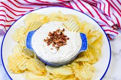 a plate with chips and dip on it