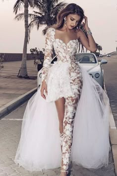 Special Two-piece Tulle Hi-lo Wedding Dress Lace Short Sexy One Shoulder With Long Sleeve On One Side-Ballbella Boho Wedding Jumpsuit, Hi Lo Wedding Dress, Country Boho Wedding, Beach Bridal Gown, Wedding Jumpsuit, Beach Bridal, Wedding Dress Fabrics, Lace Jumpsuit, Long Sleeve Wedding