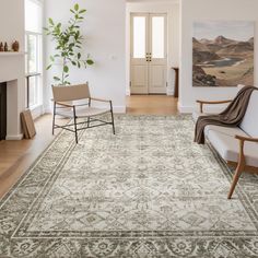 a living room filled with furniture and a rug on top of a hard wood floor