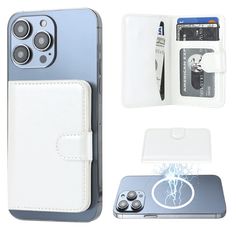 an open cell phone case with a wallet and card holder on it, next to a white iphone