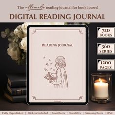 the digital reading journal is on display next to some candles and books with white flowers