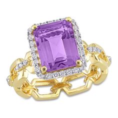 Gift your beloved this flattering Amethyst, White Topaz and Diamond Accent Link Ring to show you care. Crafted in sparkling yellow rhodium-plated sterling silver, this ring features an emerald-cut, prong-set glittering amethyst gemstone (10 x 8mm) at the center of the ring in surrounded by 26 round-cut, prong-set gleaming white topaz gemstones forming a halo and 12 round-cut, prong-set shimmering diamonds (H-I, I3) adorning the links on the band. Enhanced with high polish finish, this gemstone a Link Ring, Linking Rings, Topaz Gemstone, Watch Necklace, Types Of Rings, Amethyst Gemstone, White Topaz, Diamond Gemstone, Emerald Cut