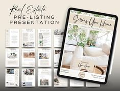 the real estate pre - listing presentation is displayed on a tablet screen with photos and text