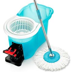 a mop, bucket and duster on a white background