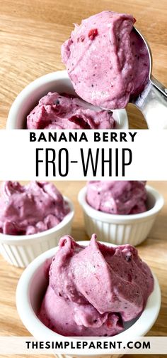 banana berry fro - whip in small white bowls on a wooden table with text overlay