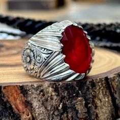 Natural Ruby Stone Ring , Man Handmade Red Stone Ring, Deep Red Ruby Engraved Silver Ring , Ottoman Style Ring , 925k Sterling Silver Ring ★Item Details * Gender : Male / Female * Material : 925K Sterling Silver * Total weight : 24 Grams * Gemstone : Ruby  Stone ✔ Ready to Ship in 1-2 Business Days .. ✔ Shipped to the Worldwide 1-5 business days with free shipping... ✔ The product will be sent to you with a handmade wooden box to avoid any damage during shipping... ✔ Visit our store, browse othe Heirloom Red Signet Ring With Polished Finish, Heirloom Style Red Gemstone Signet Ring, Heirloom Style Red Signet Ring With Gemstone, Heirloom Red Signet Ring With Gemstone, Formal Red Engraved Ring With Polished Finish, Heirloom Red Gemstone Signet Ring, Red Engraved Signet Ring For Formal Occasion, Vintage Red Engraved Ring Hallmarked, Formal Red Engraved Signet Ring