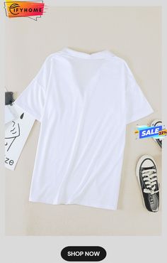 White Collared V Neck Drop Sleeves T-shirt White Collar, On Sale, V Neck, Free Shipping, T Shirt, White