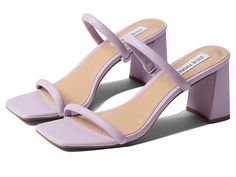 Steve Madden Lilah Sandal - Women's Shoes : Lilac : Be on-trend with the Steve Madden Lilah Sandal. Slip-on styling with straps at the toes and vamp of the foot. Square, open-toe design. Synthetic upper. Lining, insole, and outsole made of leather material. Flared, block heel. Made in Brazil. Measurements: Heel Height: 2 3 4 in Weight: 8 oz Product measurements were taken using size 8, width M. Please note that measurements may vary by size. Weight of footwear is based on a single item, not a pa Pastel Purple Heels, Summer Square Toe Mules With Buckle Closure, Summer Block Heel Mules With Buckle Closure, Adjustable Open Toe Heels With Padded Heel, Modern Open Toe Block Heels For Spring, Adjustable Heel Strap Block Heels With Open Toe, Adjustable Open Toe Block Heels With Buckle Closure, Spring Square Toe Mules With Buckle Closure, Modern Open Toe Block Heels With Heel Loop