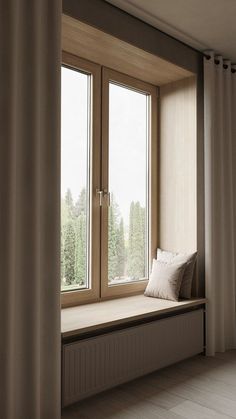 a window with curtains and a bench in front of it, overlooking the trees outside