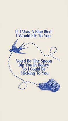 a blue bird flying through the sky next to a heart shaped balloon with words written on it