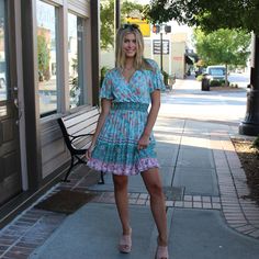 "Chase the sun in our stylish beach dress. Lightweight woven fabric, with a blue and blush floral print, shapes this dress that has a tying V-neckline and short sleeves. A blousy bodice tops an elastic waist and a tiered skirt that ends at a midi hem. * Elastic waist for better fit;  * Chest area fabric overlay to ensure coverage  * Breathable and Soft material, comfortable to wear for whole day * Wear it in Beach or get together * Dress sits above the Knee Size: Fit True to Size S Bust 32-36\" Waist 22-30\" Length 35.83\" M Bust 32-36\" Waist 25-33\" Length 36.61\" L Bust 38-42\" Waist 28-36\" Length 37.41\" XL Bust 42-45 Waist 31-39\" Length 38.18\"" Get Together Dress, Short Summer Dress, Boho Summer Dress, Dresses Casual Boho, Summer Dress Casual, Bohemian Mini Dress, Summer Floral Dress, Kimono Wrap Dress, Beach Wedding Guest Dress