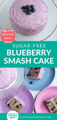 a blueberry smash cake is shown with the words sugar - free on top and below it